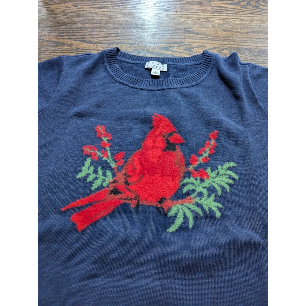 NWOT Joan Rivers Cotton Intarsia Cardinal BIR Crewneck Sweater Navy Size L Large